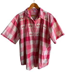 Vintage MAGGIE MAX Top Pink Plaid Button Front Cotton Embroidery Womens 3X